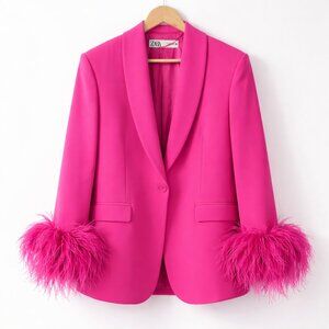Zara Fuchsia Feather Cuff Blazer Statement Party Jacket Boyfriend Fit | Size M